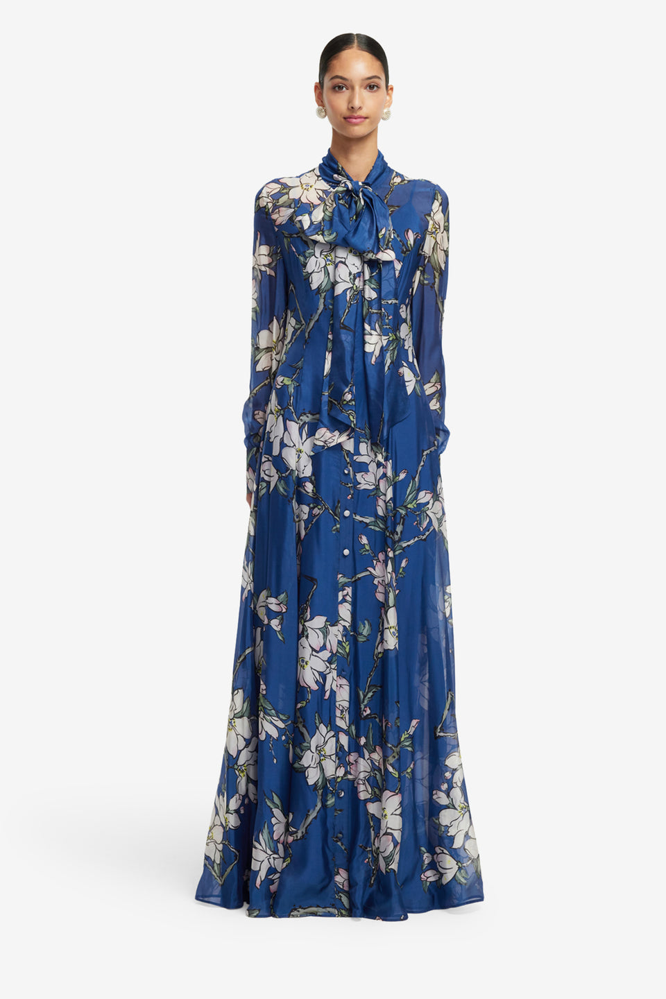 Exclusive LEO LIN Lilith Tie Neck Maxi Dress - Midnight Magnolia Print