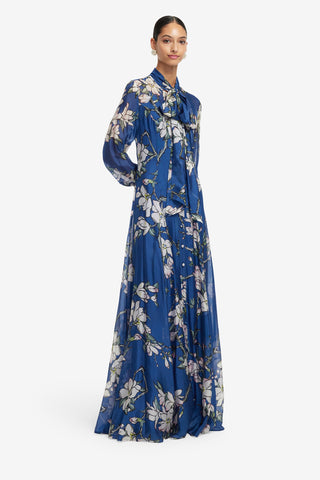 Exclusive LEO LIN Lilith Tie Neck Maxi Dress - Midnight Magnolia Print