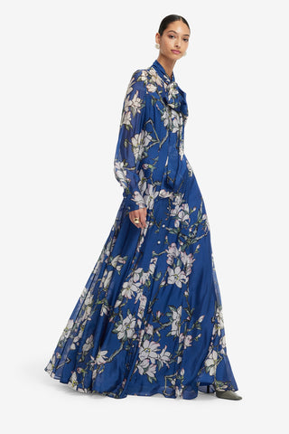 Exclusive LEO LIN Lilith Tie Neck Maxi Dress - Midnight Magnolia Print