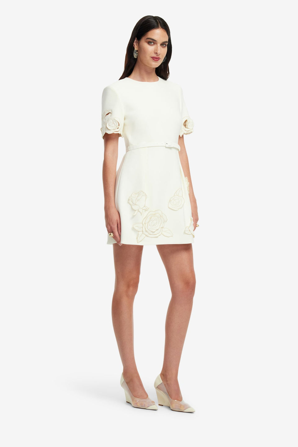 Exclusive LEO LIN Aurelie Applique Short Sleeve Mini Dress - Vanilla