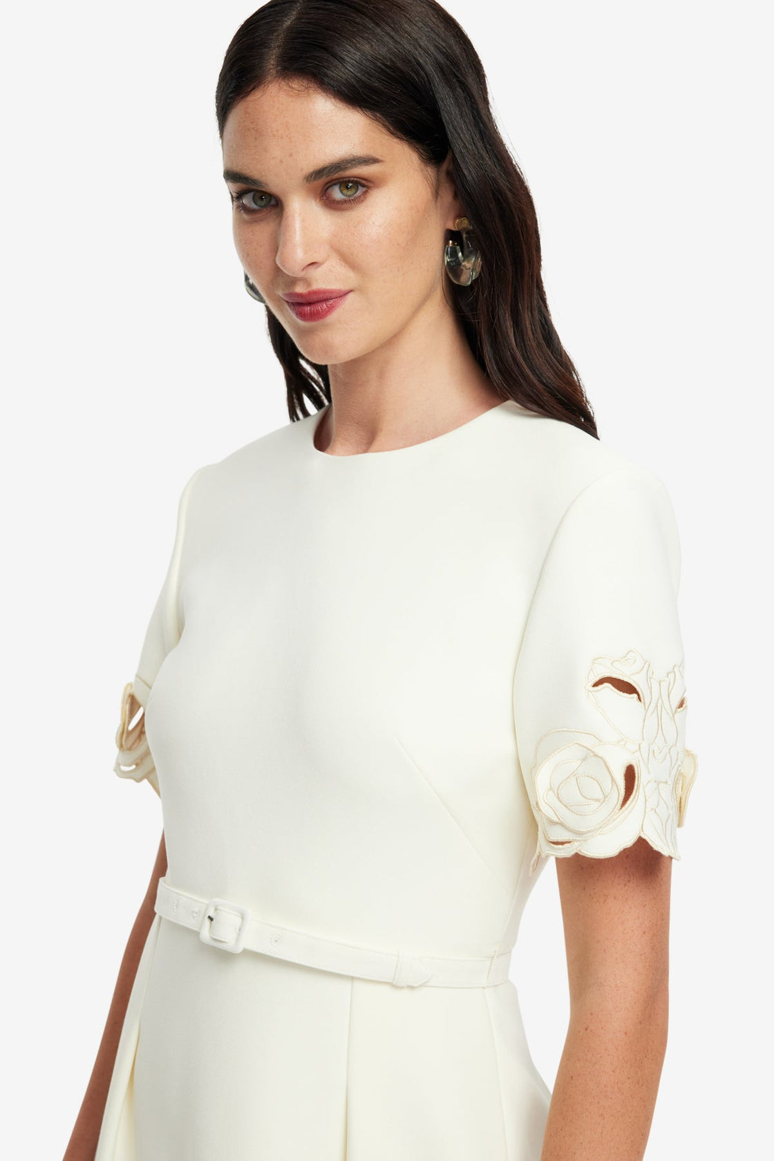 Exclusive LEO LIN Aurelie Applique Short Sleeve Mini Dress - Vanilla