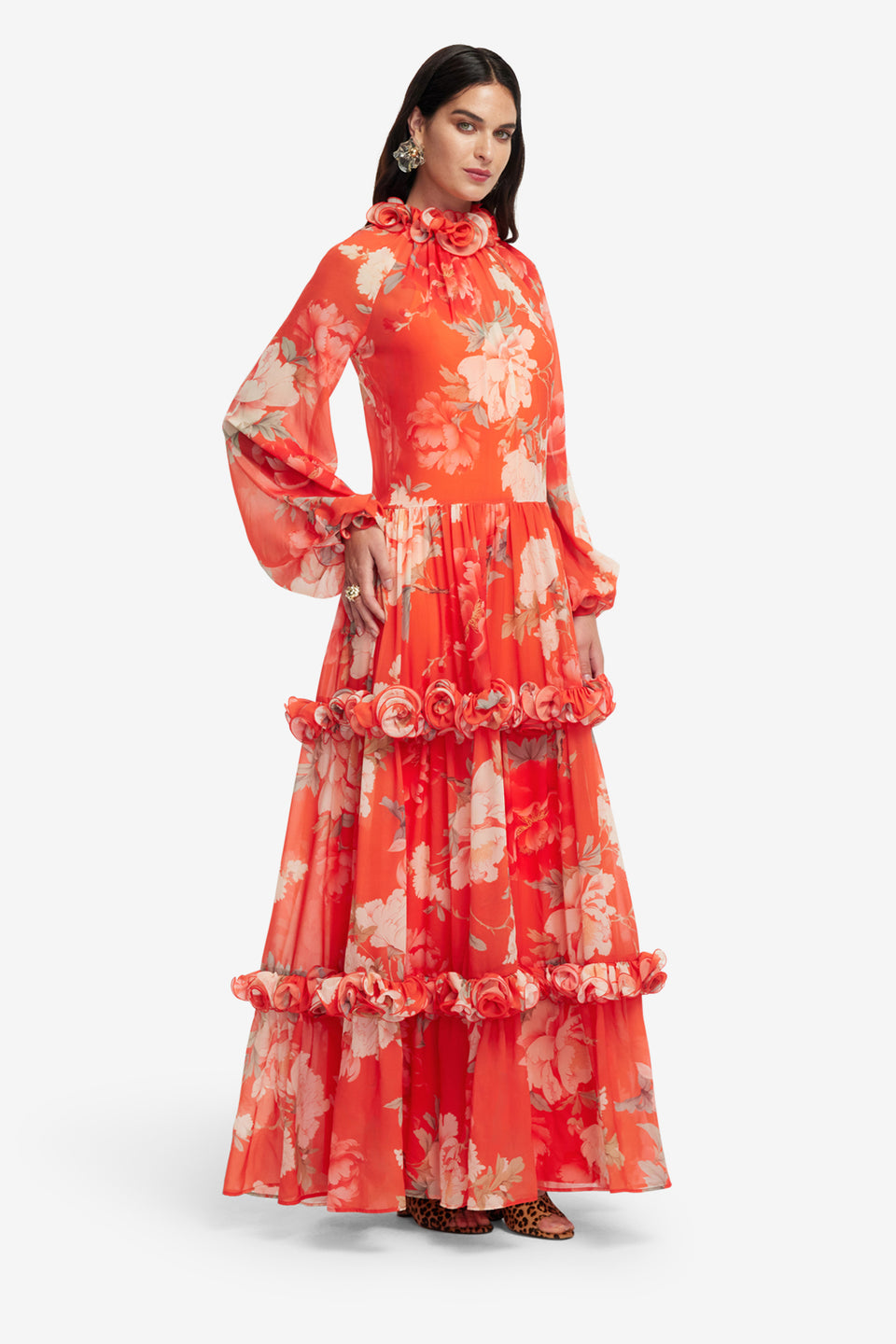 Exclusive LEO LIN Angela Ruffled Maxi Dress - Saffron Peony Print