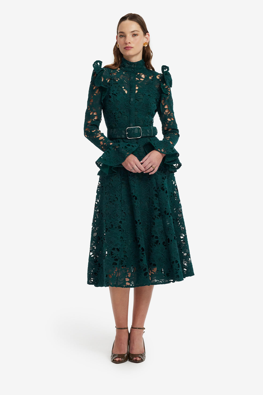 Aliyah Lace Butterfly Sleeve Midi Dress - Emerald Dress Midi