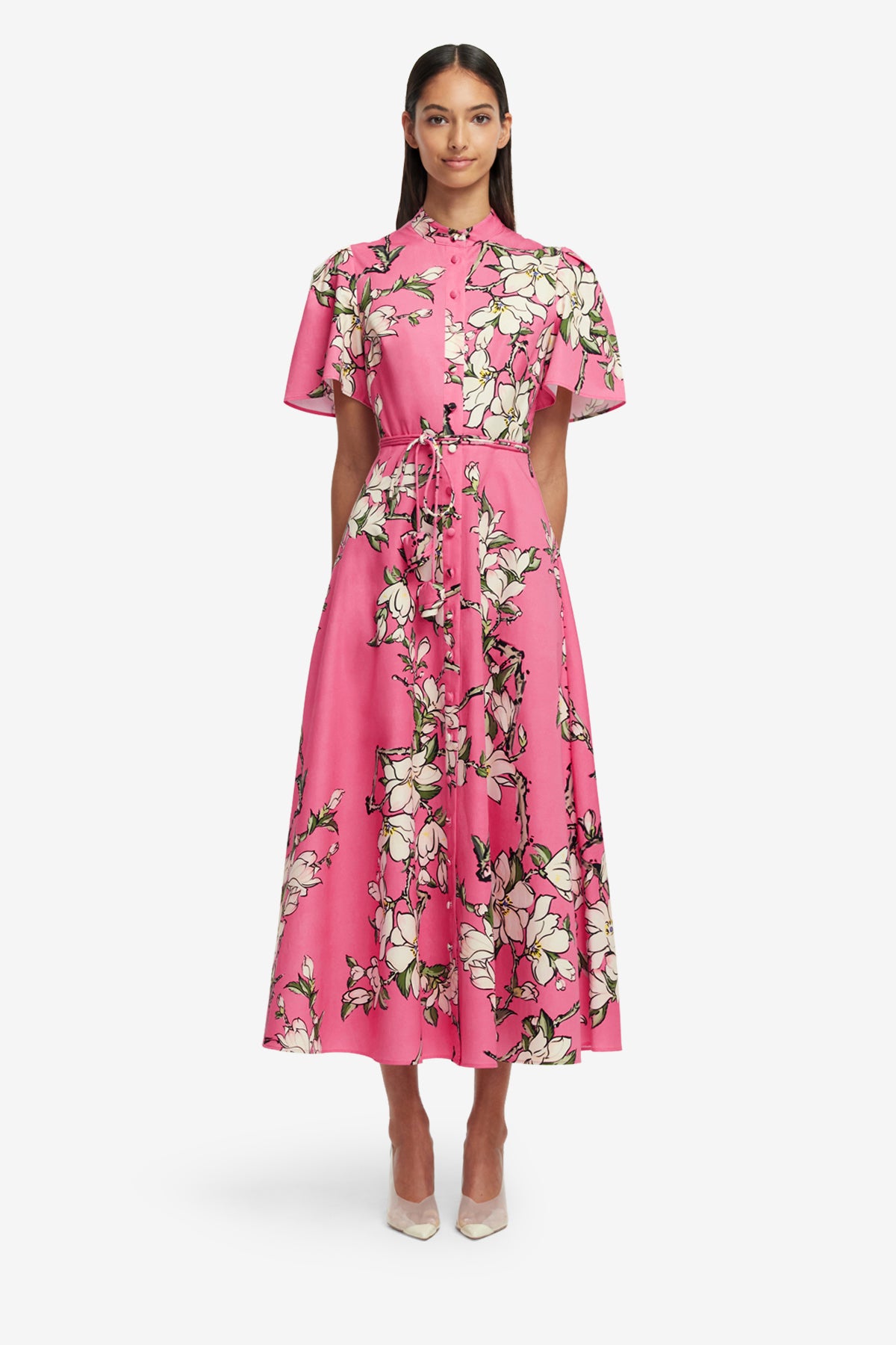 Bianca Short Sleeve Midi Dress - Pink Magnolia Print – LEO LIN