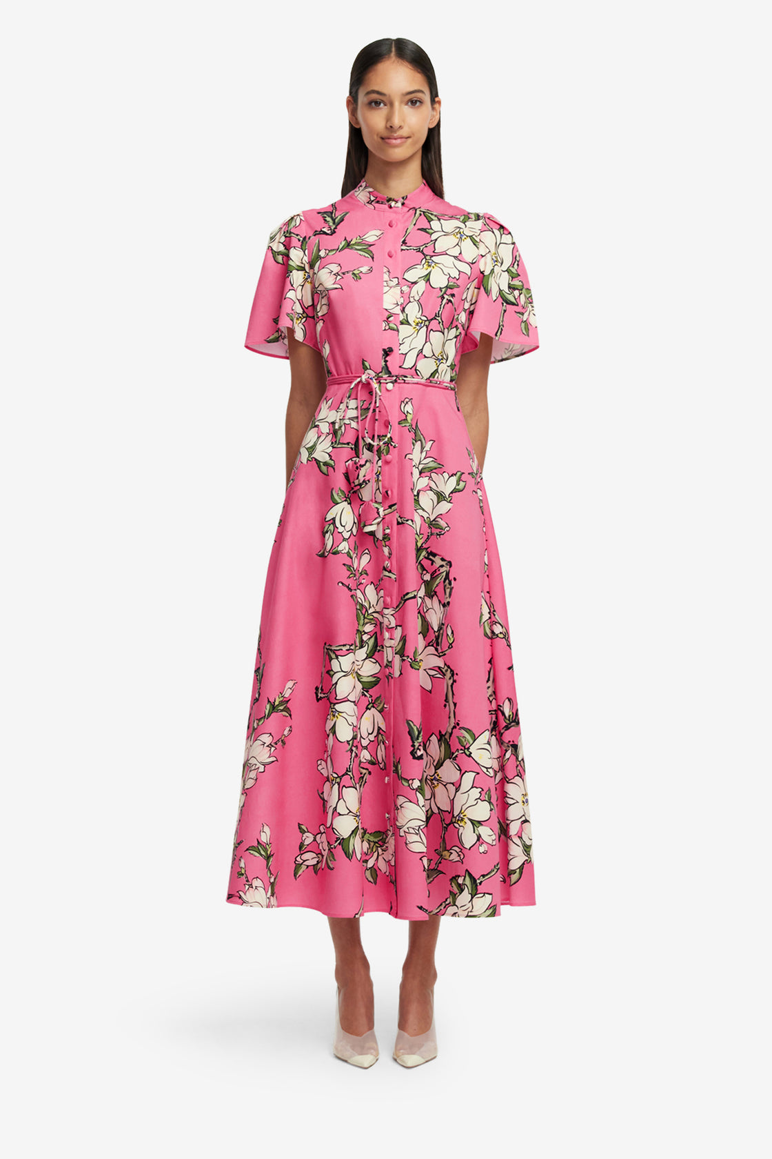 Exclusive LEO LIN Bianca Short Sleeve Midi Dress - Pink Magnolia Print