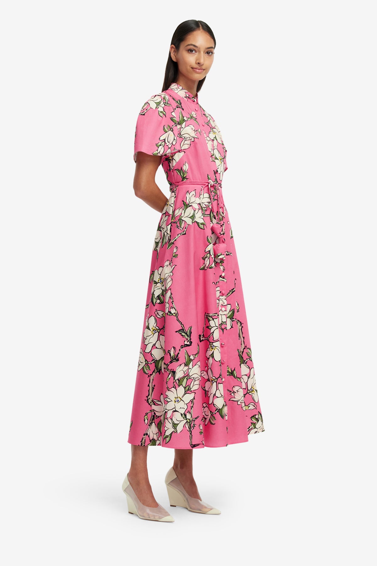 Bianca Short Sleeve Midi Dress - Pink Magnolia Print – LEO LIN