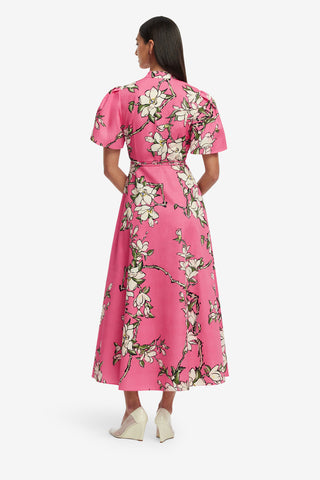 Exclusive LEO LIN Bianca Short Sleeve Midi Dress - Pink Magnolia Print