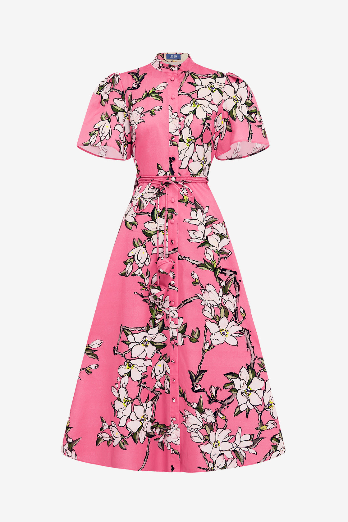 Exclusive LEO LIN Bianca Short Sleeve Midi Dress - Pink Magnolia Print