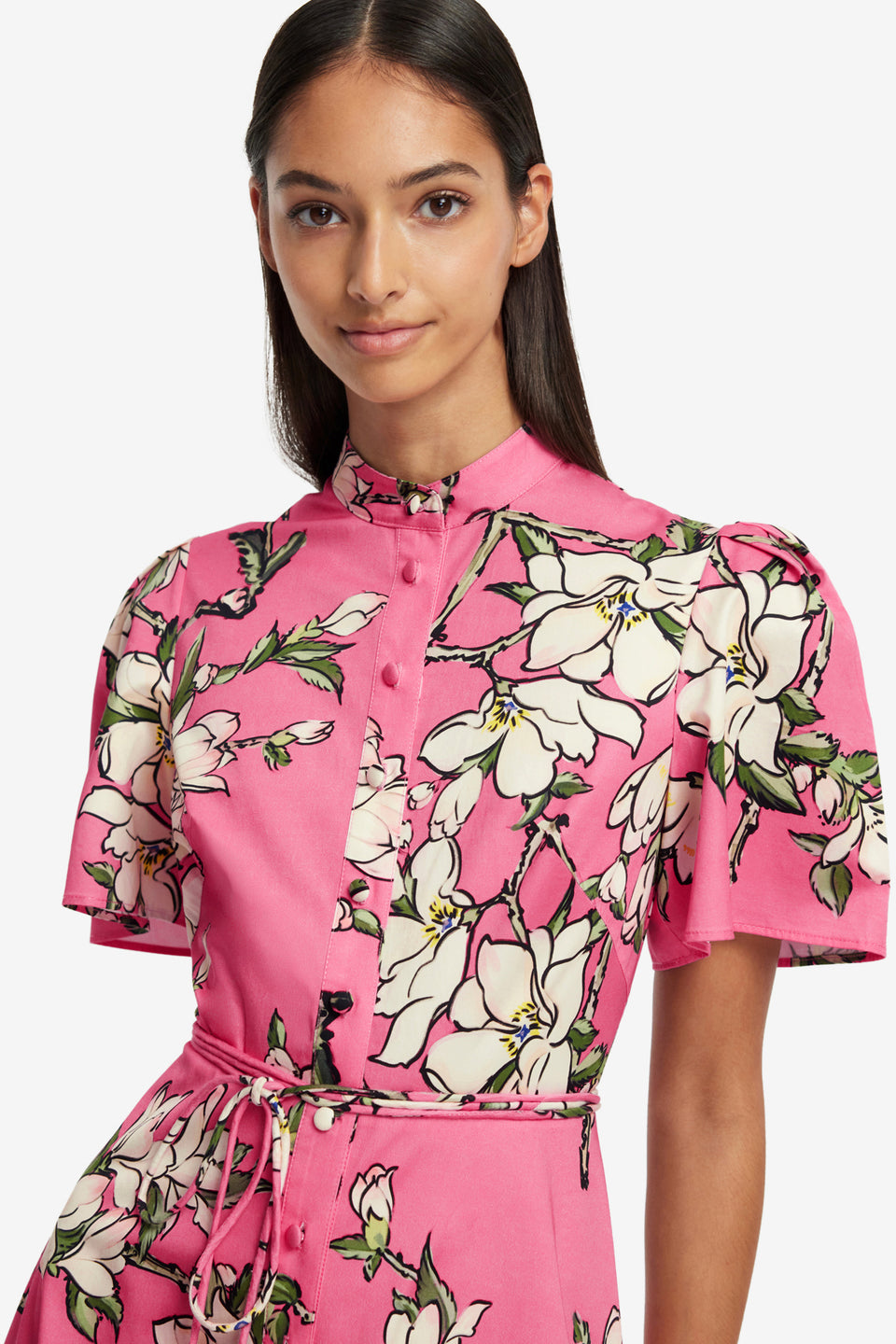 Exclusive LEO LIN Bianca Short Sleeve Midi Dress - Pink Magnolia Print