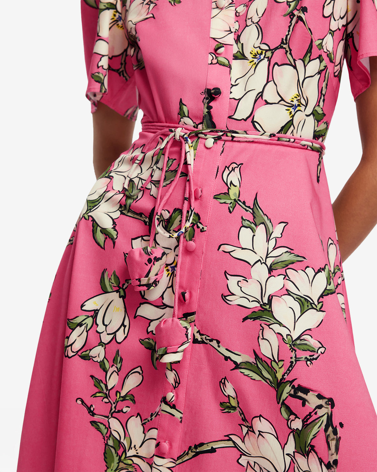 Bianca Short Sleeve Midi Dress - Pink Magnolia Print LEO LIN Bianca Short Sleeve Midi Dress - Pink Magnolia Print LEO LIN