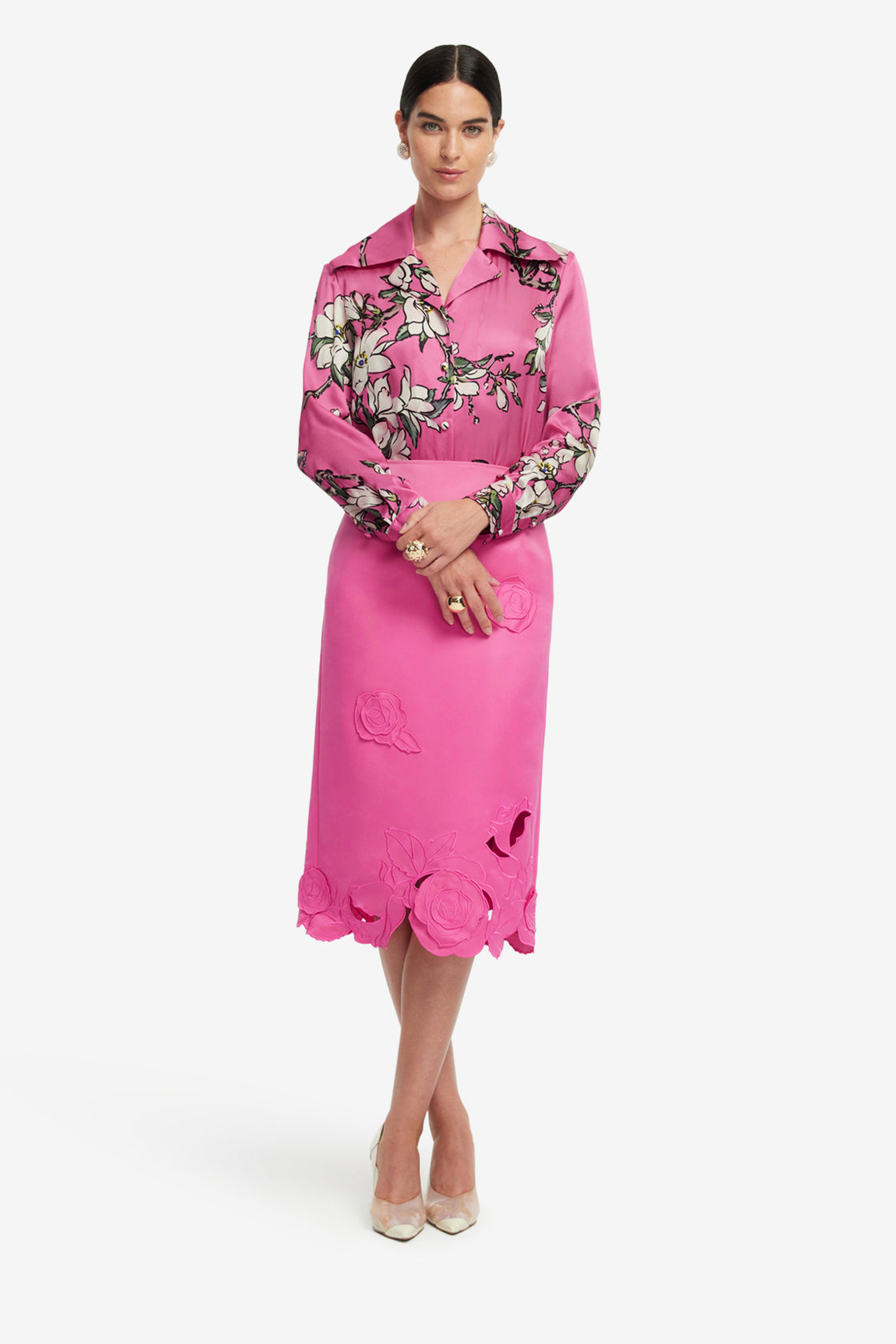 Exclusive LEO LIN Carly Appliqué Midi Skirt - Pink