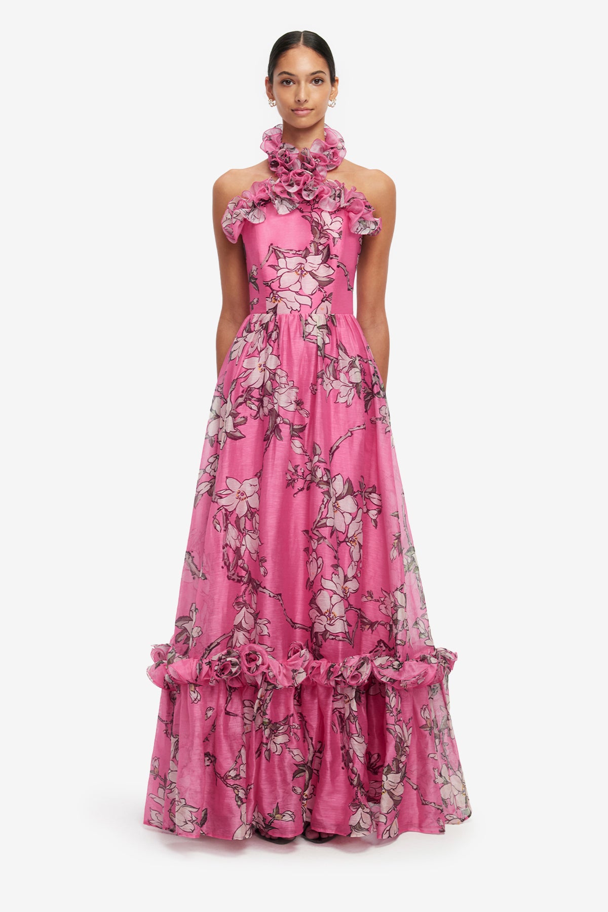 Isabelle Ruffled Halterneck Maxi Dress - Pink Magnolia Print – LEO LIN