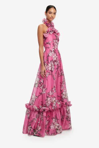Exclusive LEO LIN Isabelle Ruffled Halterneck Maxi Dress - Pink Magnolia Print
