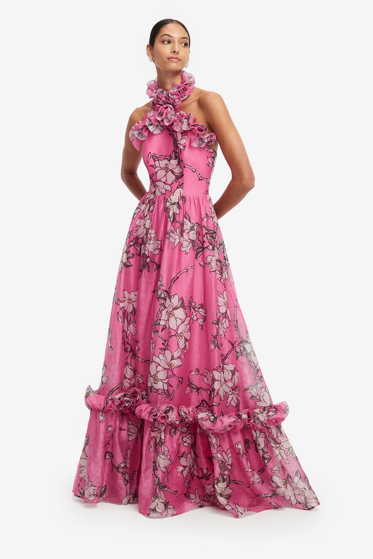 Isabelle Ruffled Halterneck Maxi Dress - Pink Magnolia Print – LEO LIN