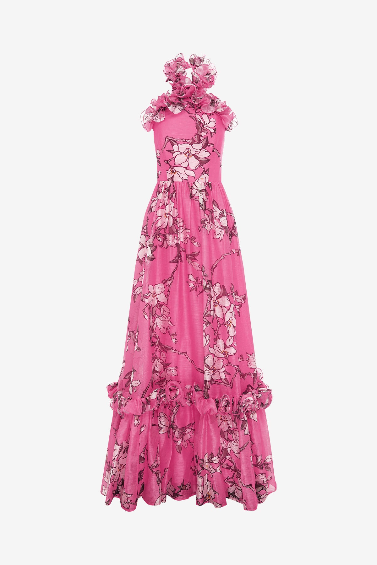 Isabelle Ruffled Halterneck Maxi Dress - Pink Magnolia Print – LEO LIN