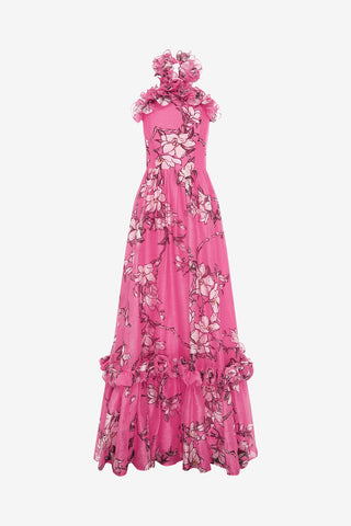 Exclusive LEO LIN Isabelle Ruffled Halterneck Maxi Dress - Pink Magnolia Print