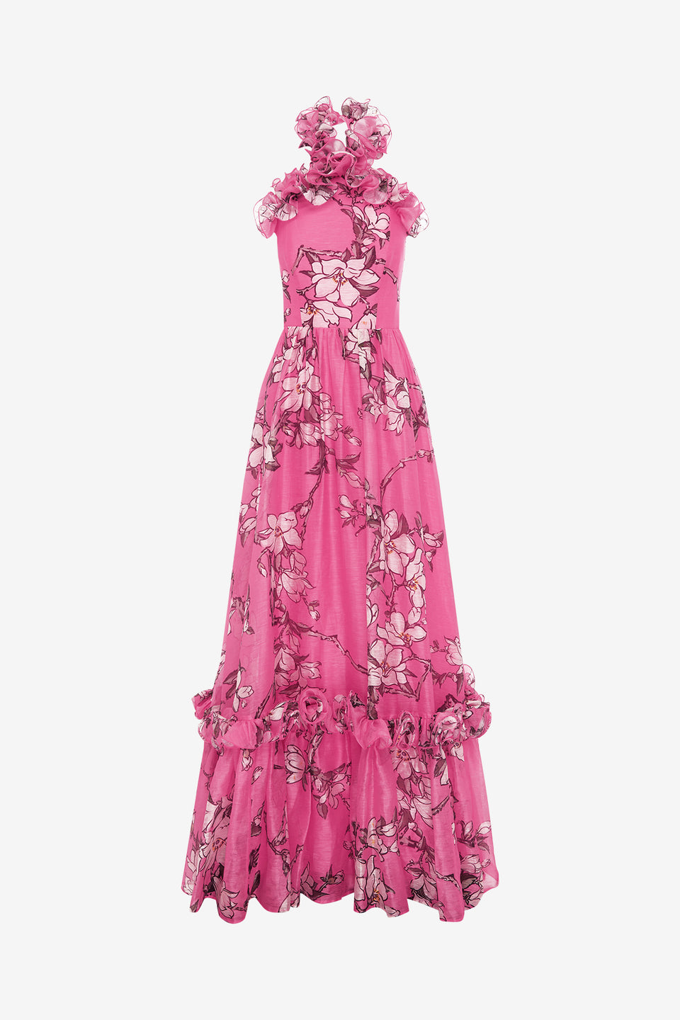 Exclusive LEO LIN Isabelle Ruffled Halterneck Maxi Dress - Pink Magnolia Print
