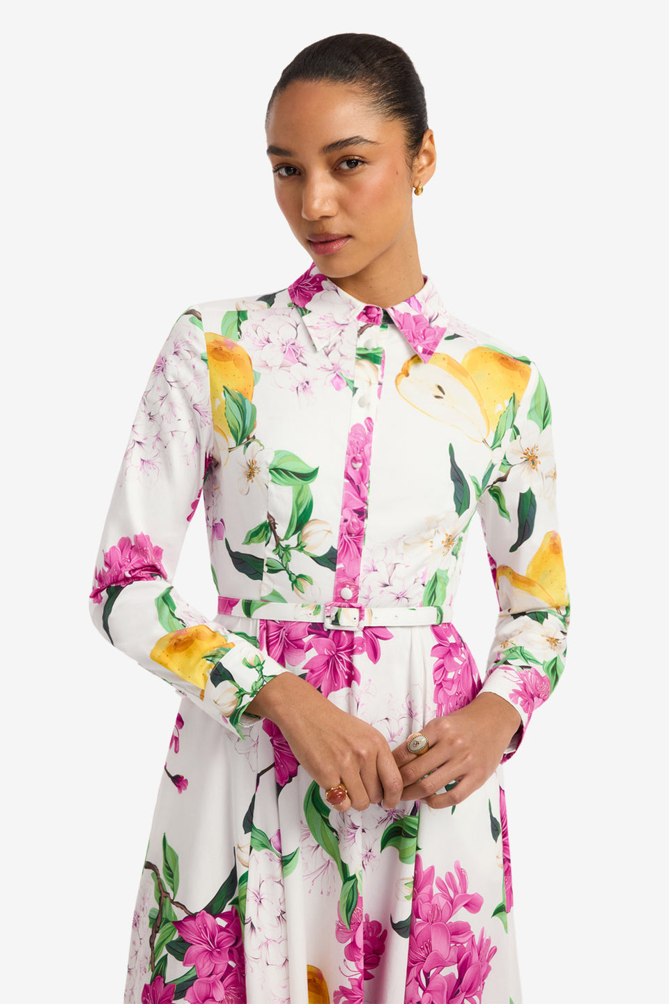 Zara Shirt Midi Dress - Floral Pear Print Dress Midi