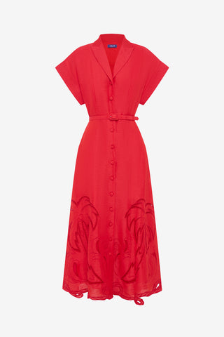 Exclusive LEO LIN Aubrey Palm Shirt Midi Dress - Scarlet