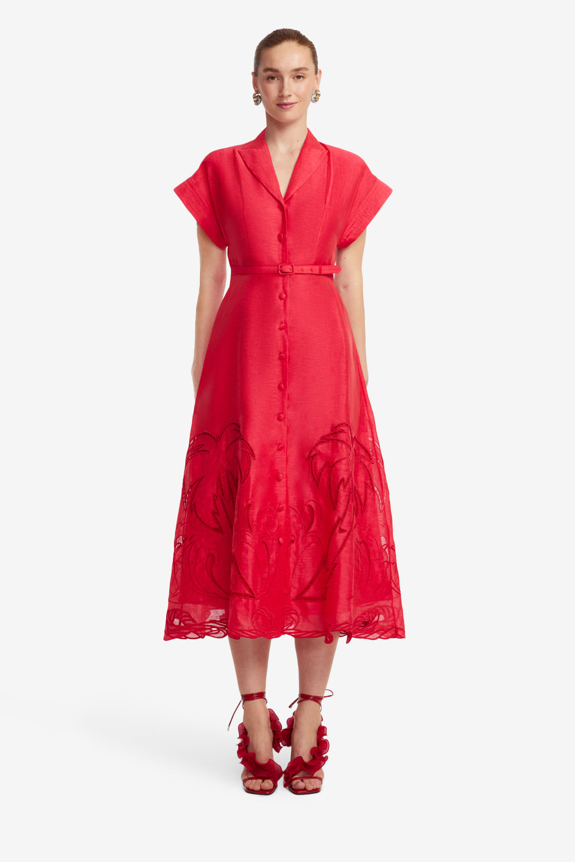 Exclusive LEO LIN Aubrey Palm Shirt Midi Dress - Scarlet