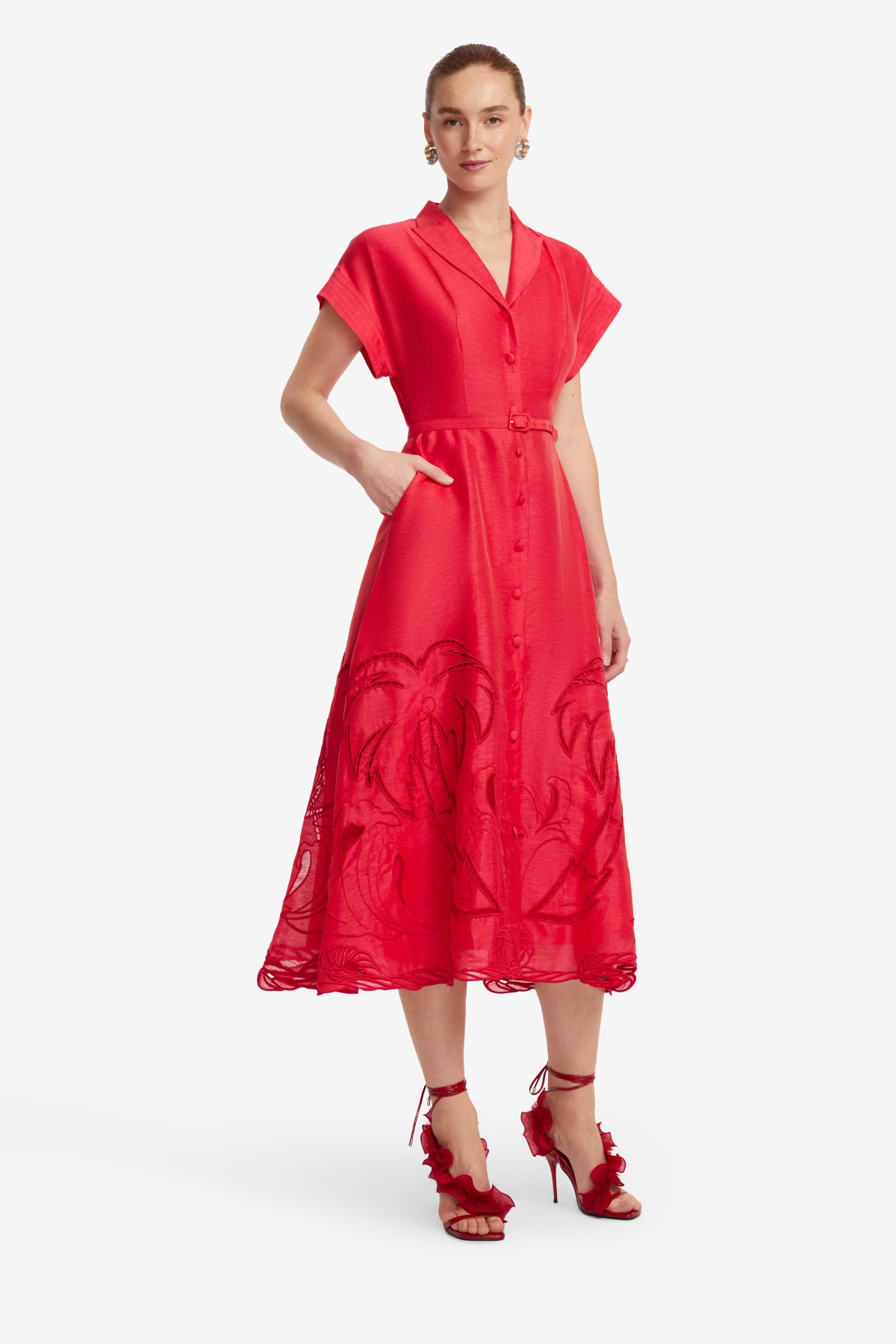 【美品】アパルトモン　レミレリーフ LONG SHIRT DRESS Aubrey Palm Shirt Midi Dress - Scarlet – LEO LIN