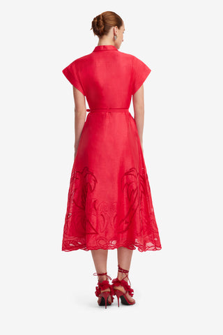 Exclusive LEO LIN Aubrey Palm Shirt Midi Dress - Scarlet