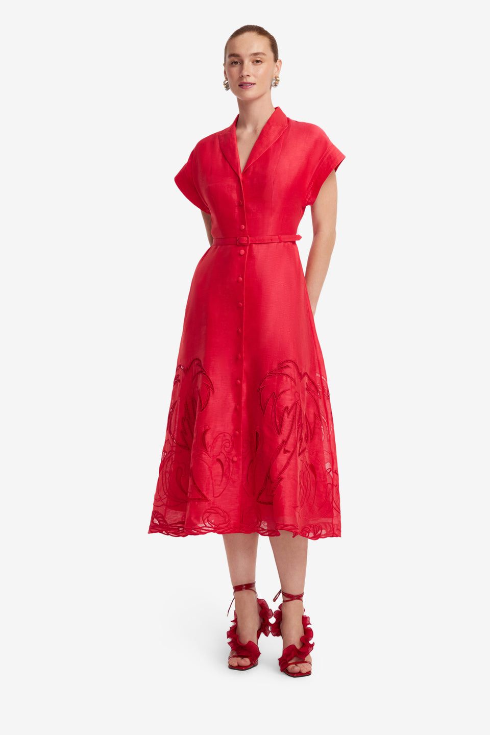 Exclusive LEO LIN Aubrey Palm Shirt Midi Dress - Scarlet