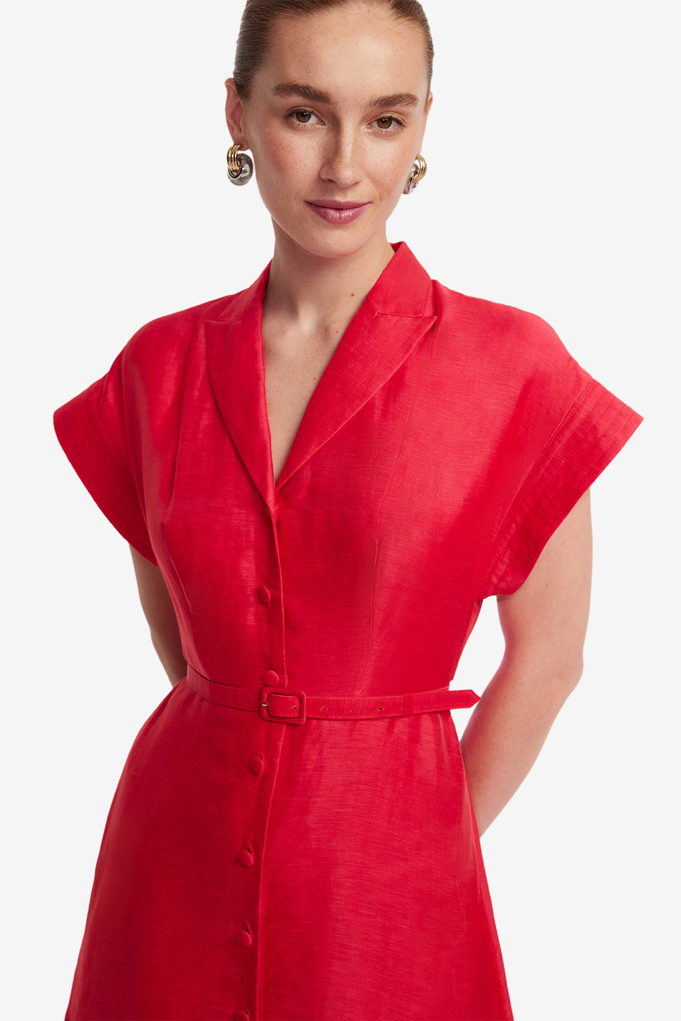 Exclusive LEO LIN Aubrey Palm Shirt Midi Dress - Scarlet
