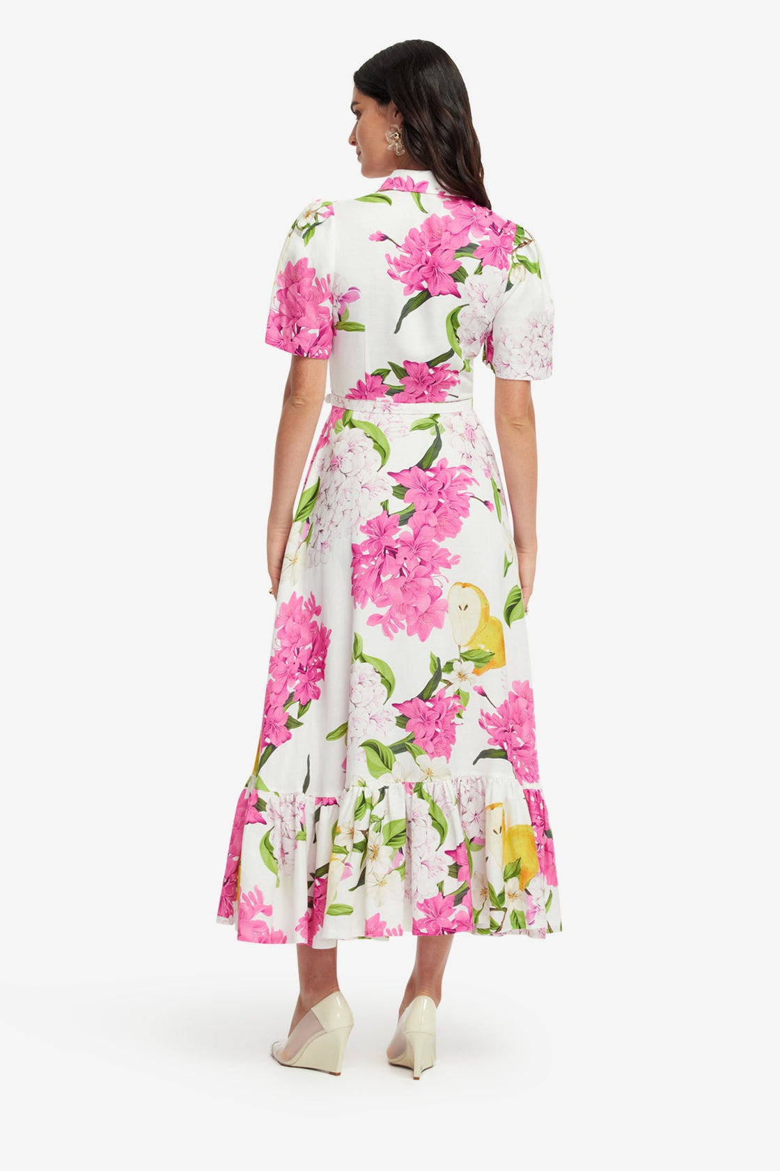 floral short sleeve midi dress Clydie White Cap - US 10 waist 28.9 in Striped Floral Short Sleeve Button