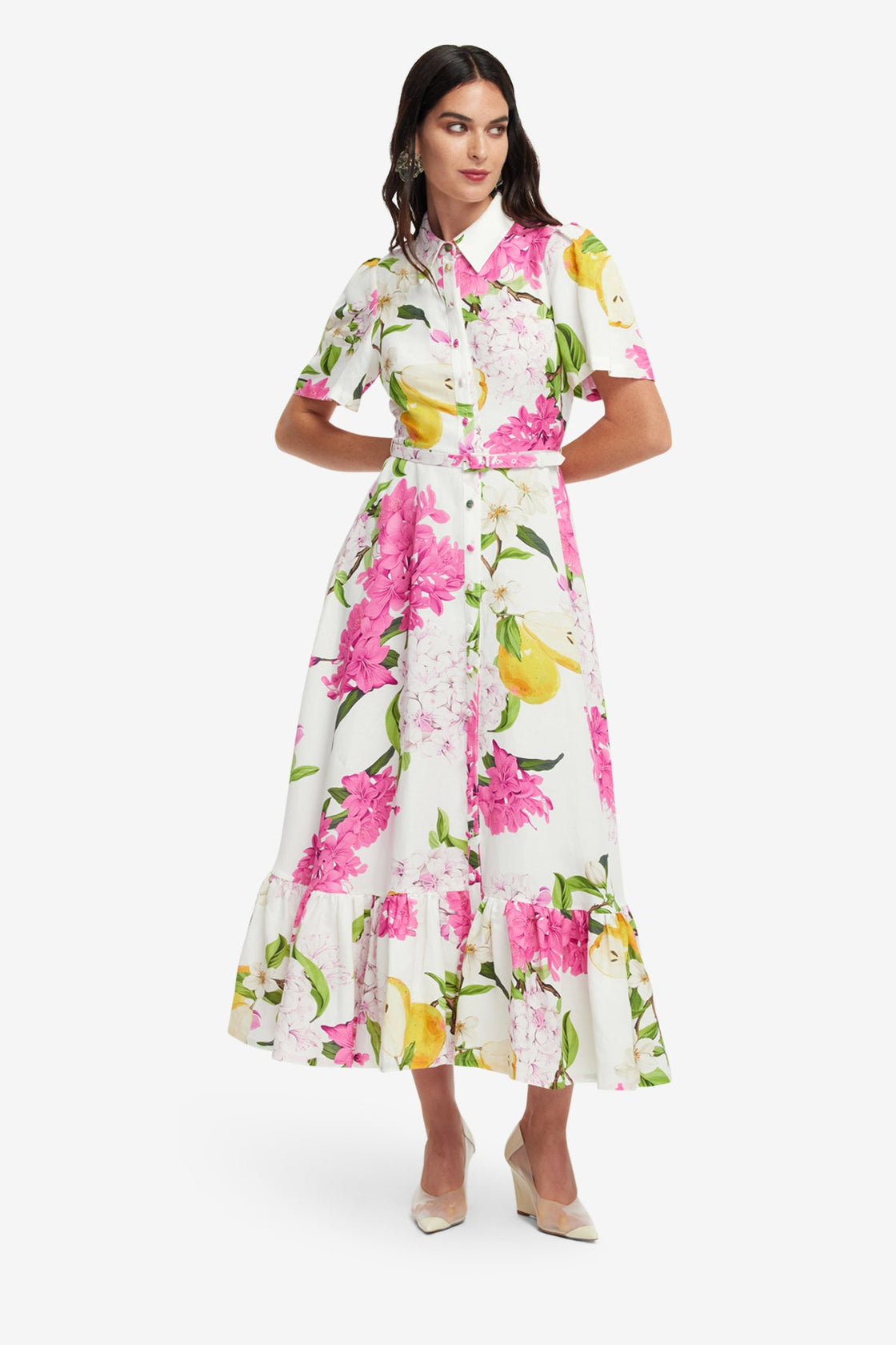 floral short sleeve midi dress Rosemary Cream/Carnation / S sleeve length 11.4 inL Aconiconi Elegant Flower Print Square