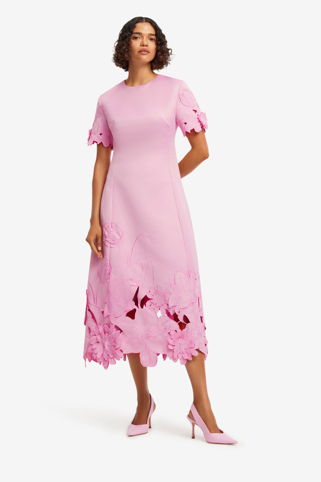 Exclusive LEO LIN Caroline Appliqué Short Sleeve Midi Dress - Flamingo
