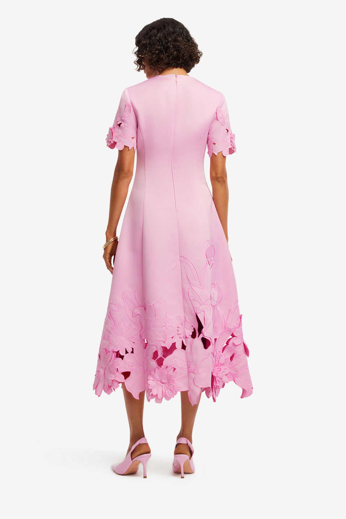 Exclusive LEO LIN Caroline Appliqué Short Sleeve Midi Dress - Flamingo