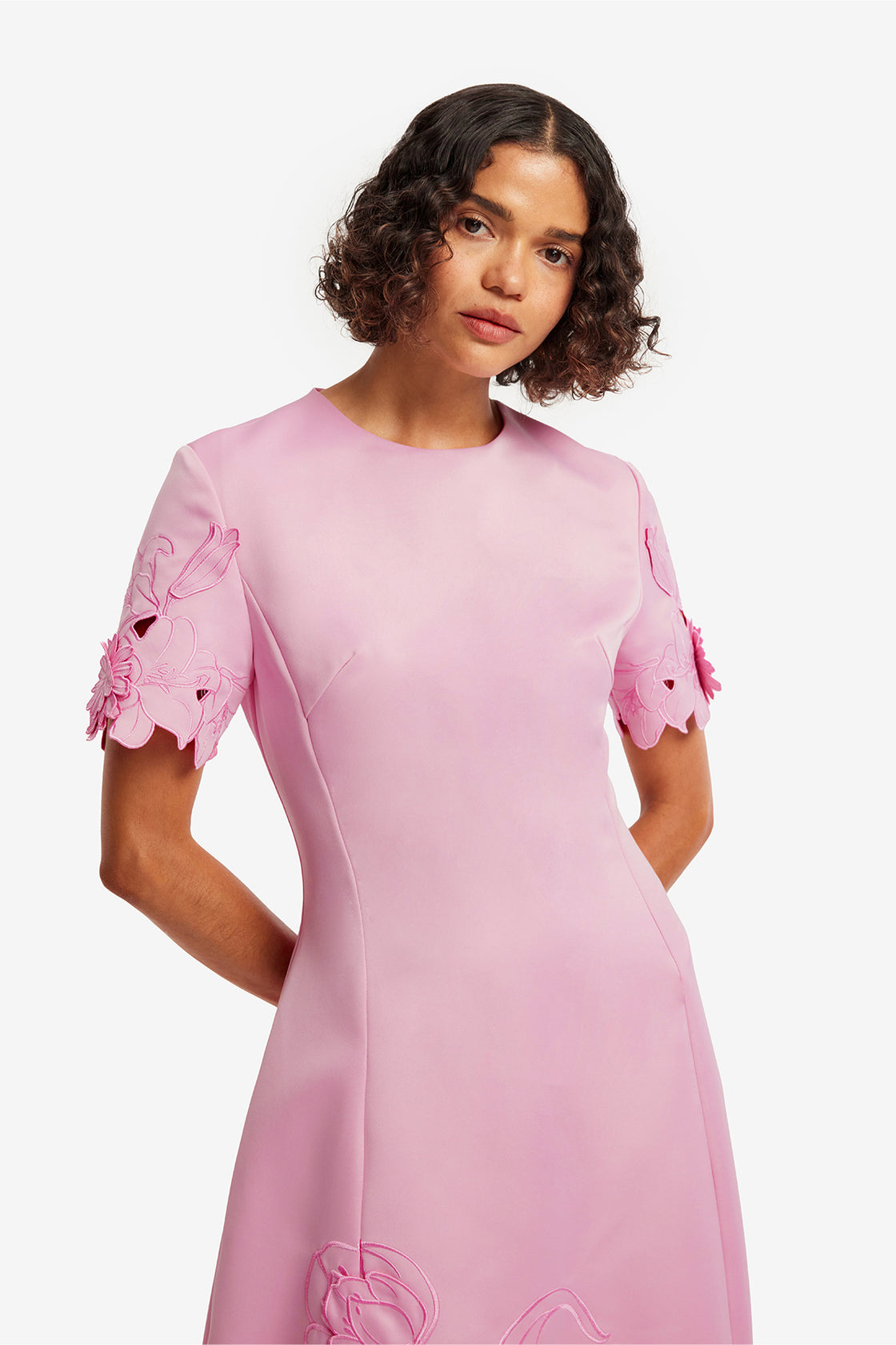 Exclusive LEO LIN Caroline Appliqué Short Sleeve Midi Dress - Flamingo