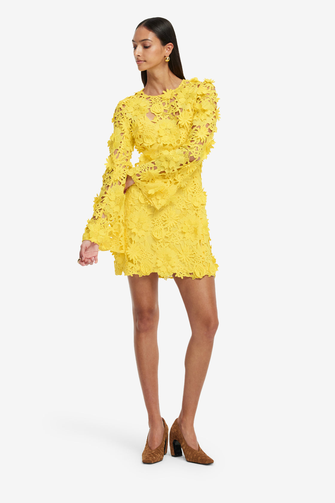 Exclusive LEO LIN Suzanne Lace Bell Sleeve Mini Dress - Sunshine