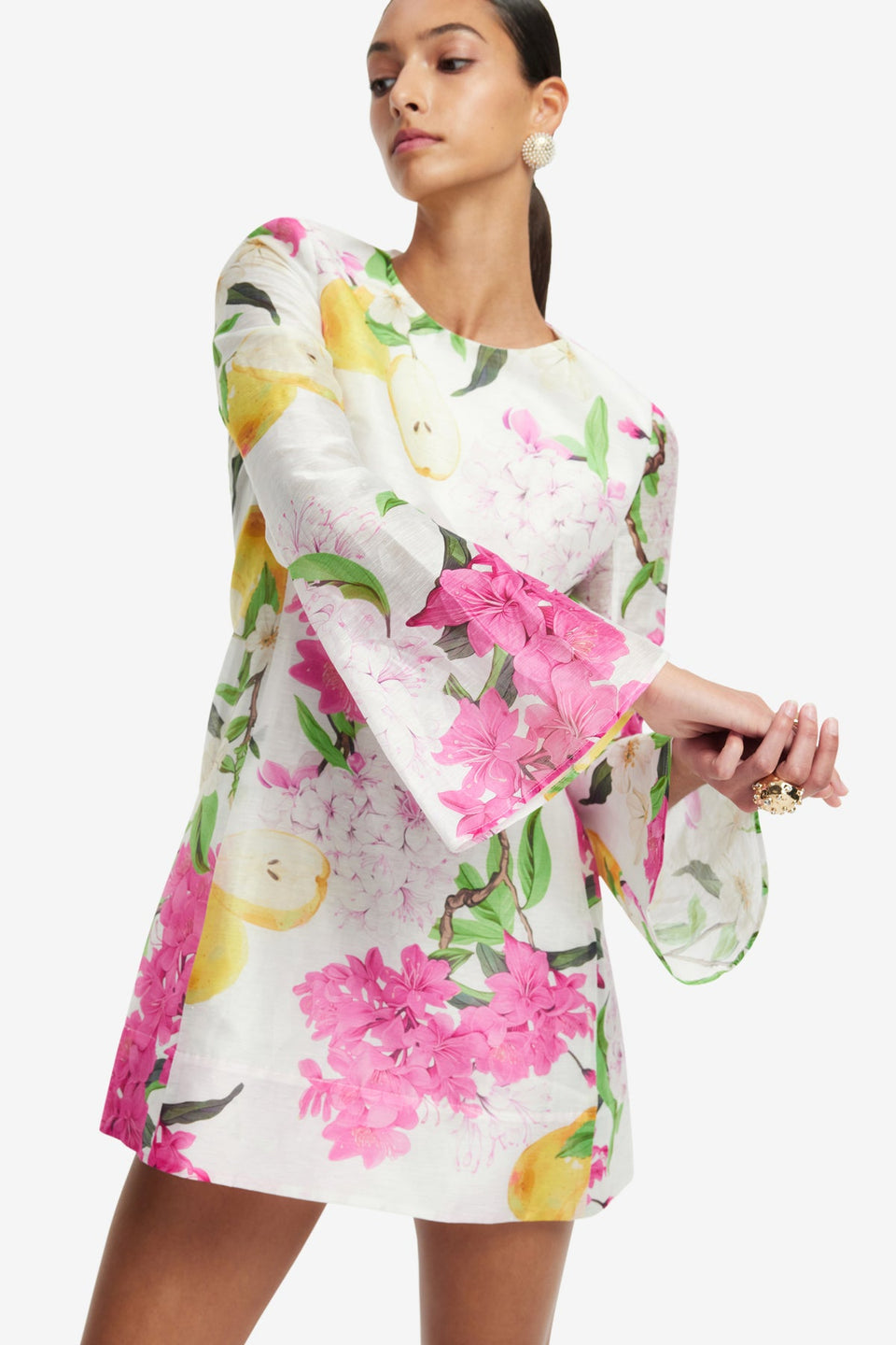 Exclusive LEO LIN Suzanne Bell Sleeve Mini Dress - Floral Pear Print
