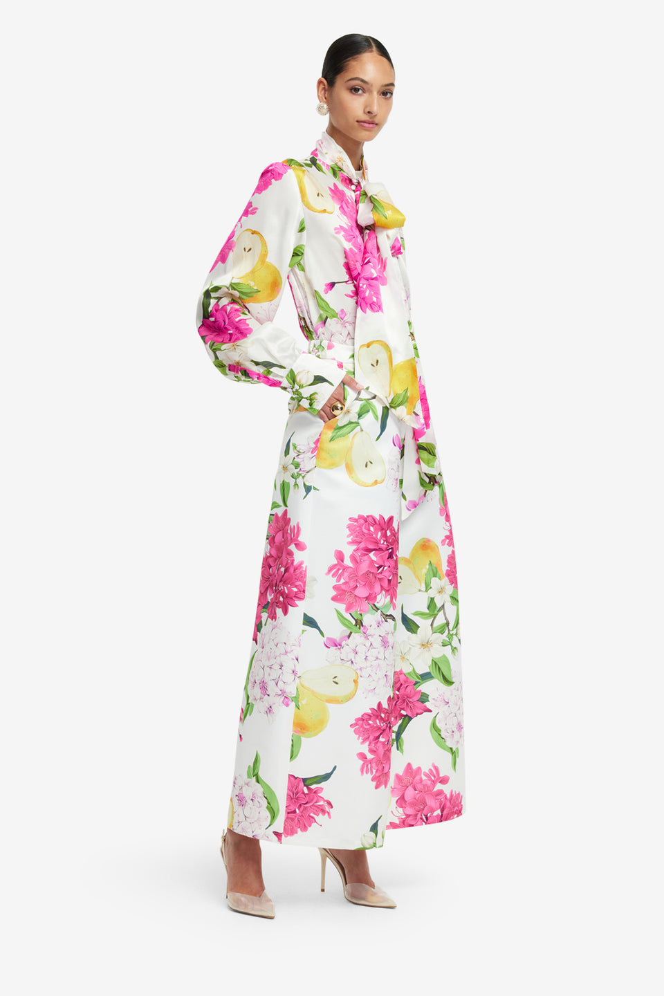 Exclusive LEO LIN Freya Tie Neck Silk Blouse - Floral Pear Print