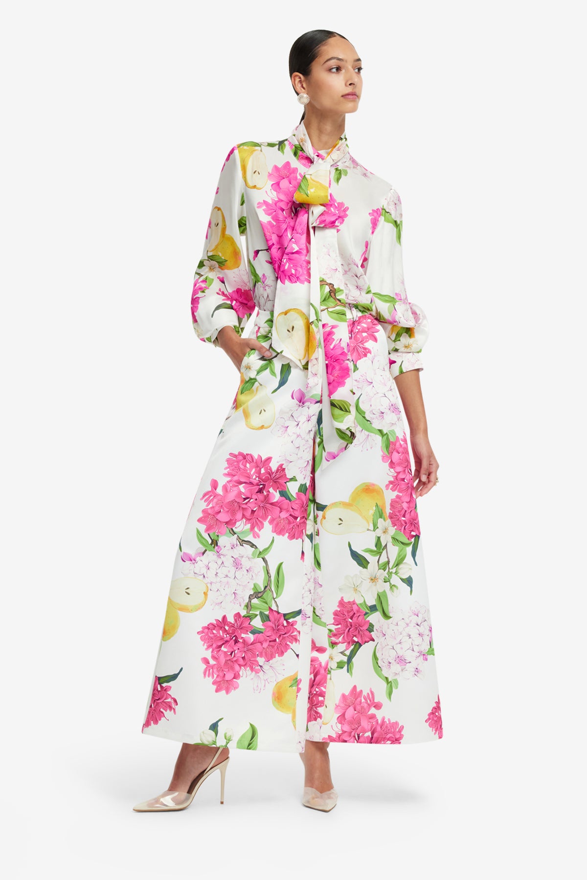 Freya Tie Neck Silk Blouse - Floral Pear Print – LEO LIN