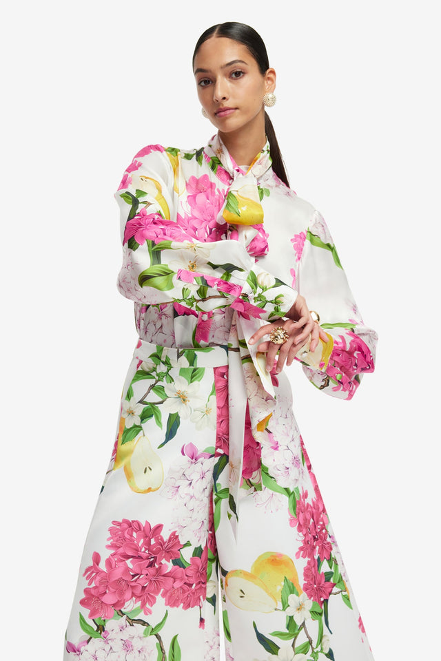 Exclusive LEO LIN Freya Tie Neck Silk Blouse - Floral Pear Print