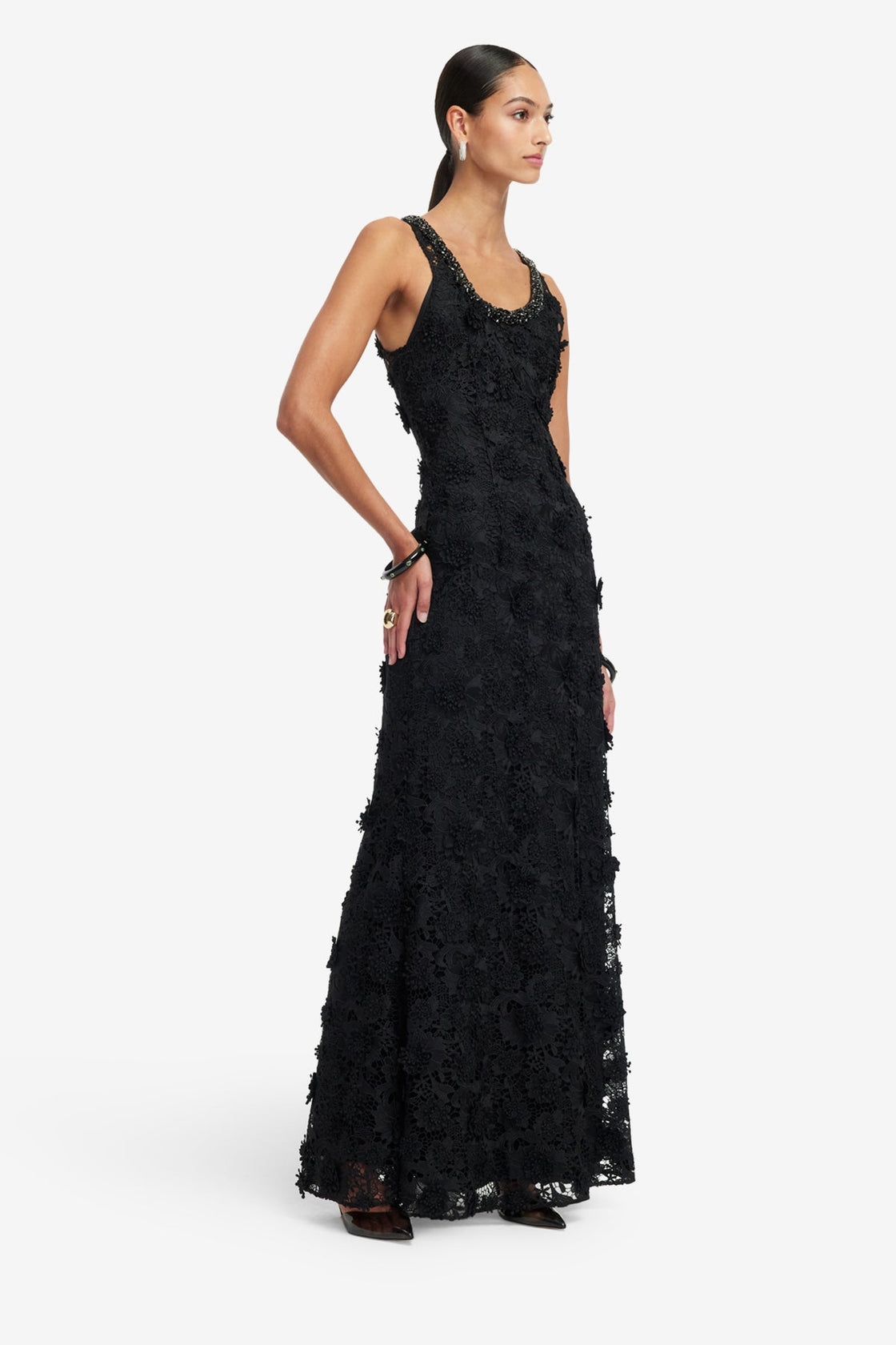 lace embellished maxi dress Embroidered and Embellished Tiered Lace Inset Maxi Dress - Black