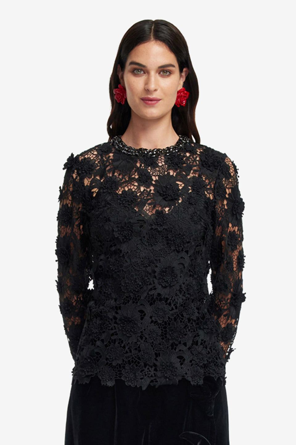 Exclusive LEO LIN Ines Lace Embellished Top - Ebony
