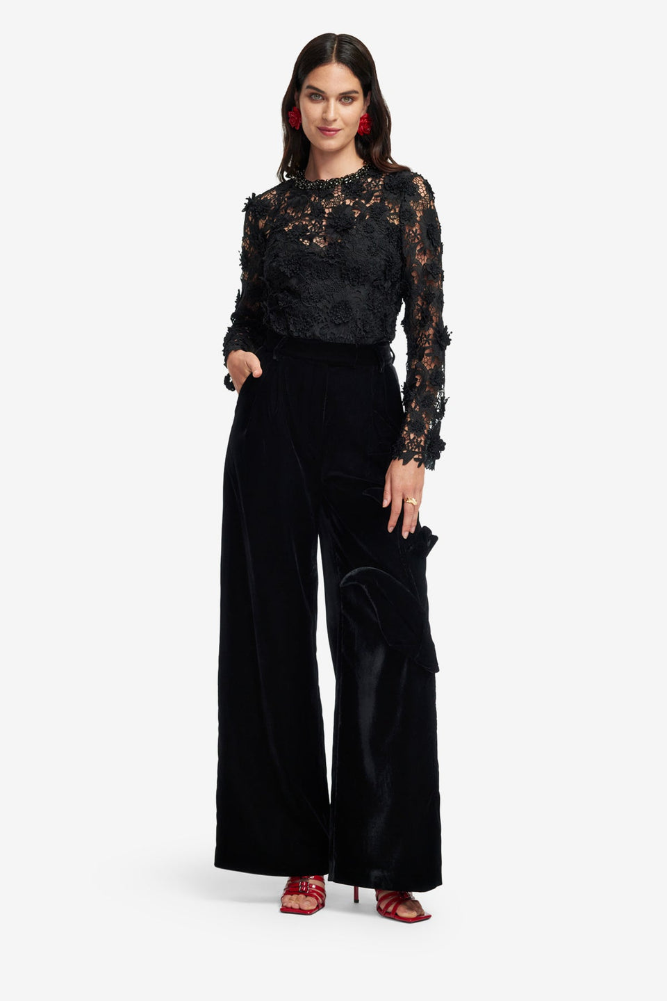 Exclusive LEO LIN Ines Lace Embellished Top - Ebony