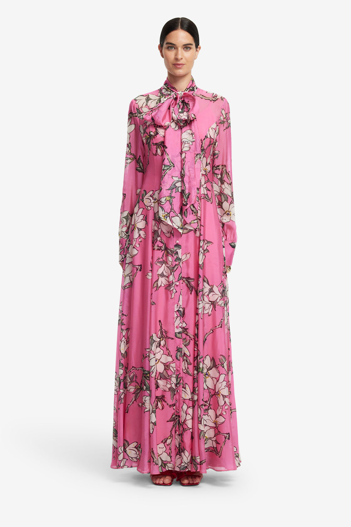 Exclusive LEO LIN Lilith Tie Neck Maxi Dress - Pink Magnolia Print