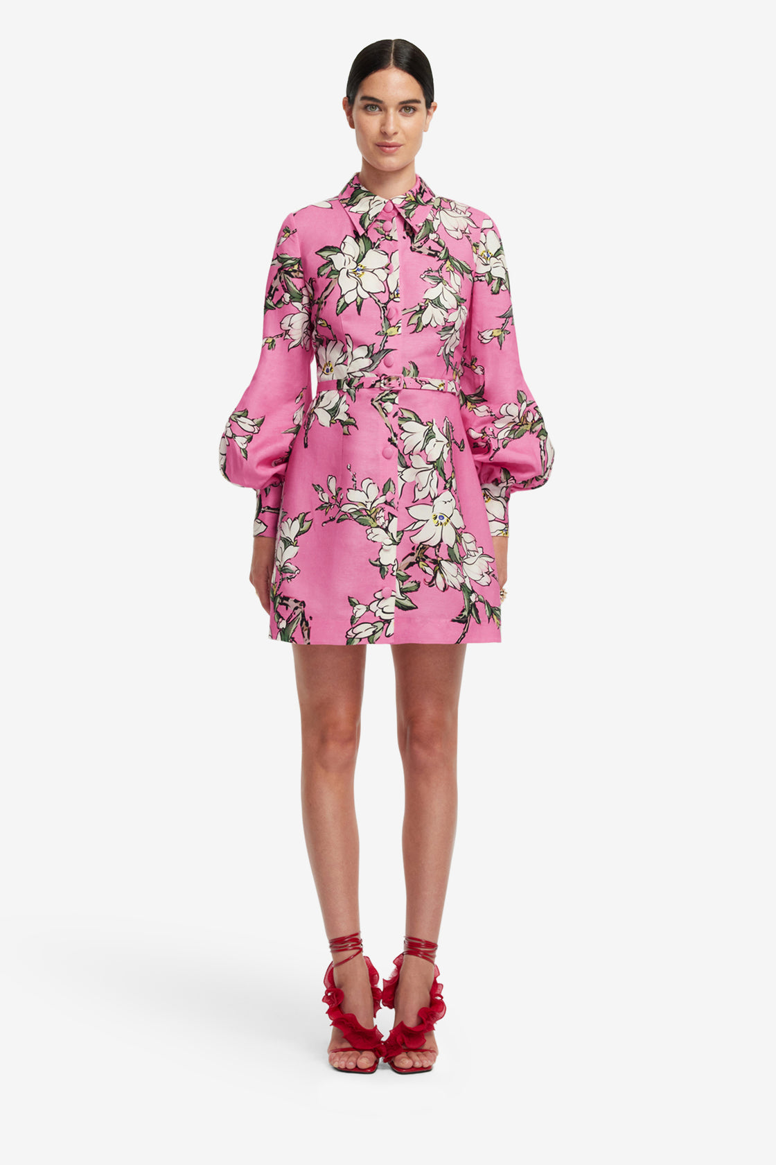 Luminous Linen Mini Dress - Pink Magnolia Print LEO LIN Luminous Linen Mini Dress - Pink Magnolia Print LEO LIN