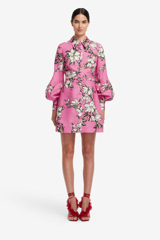 Exclusive LEO LIN Luminous Linen Mini Dress - Pink Magnolia Print