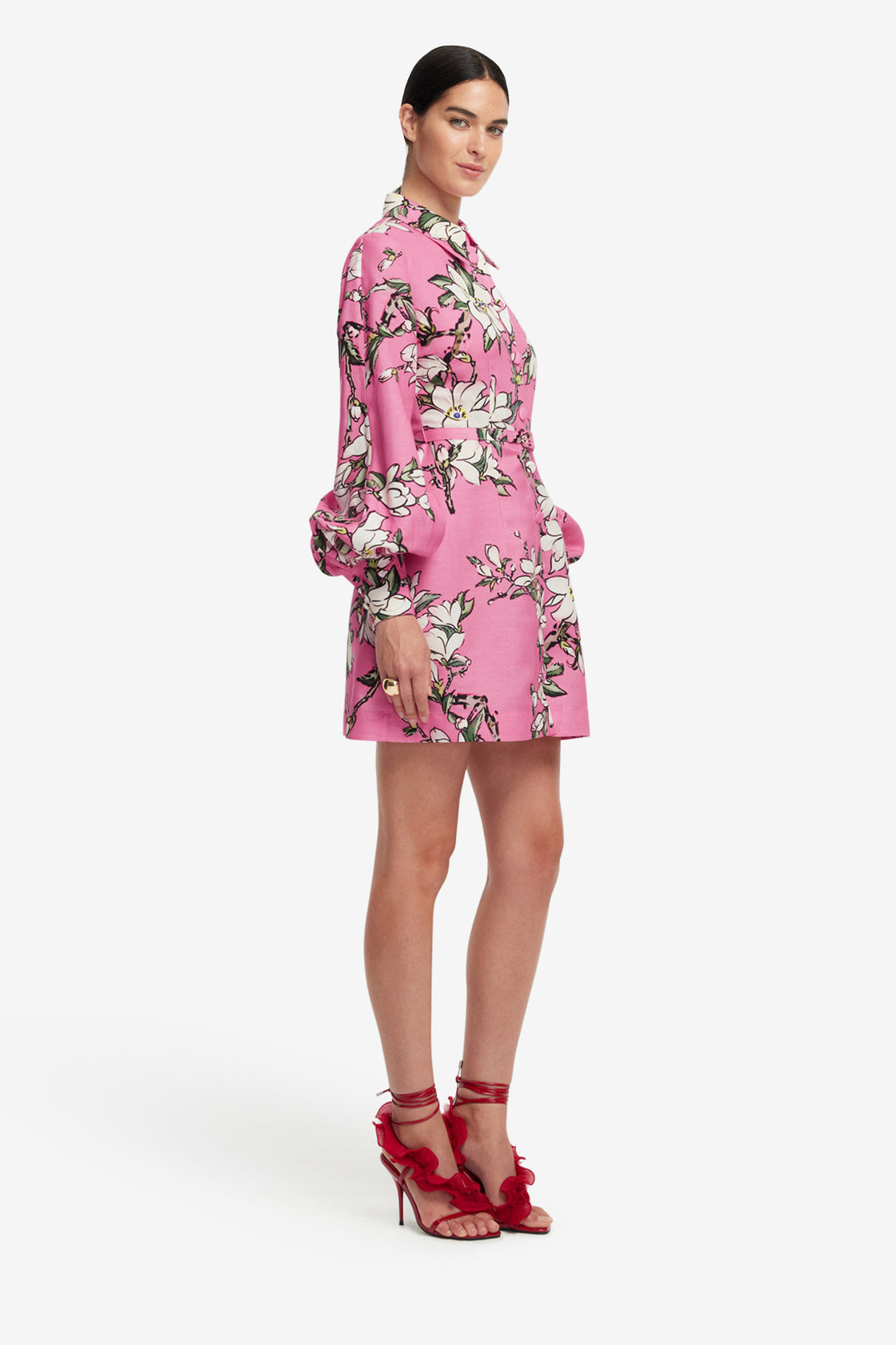 Luminous Linen Mini Dress - Pink Magnolia Print LEO LIN Luminous Linen Mini Dress - Pink Magnolia Print LEO LIN