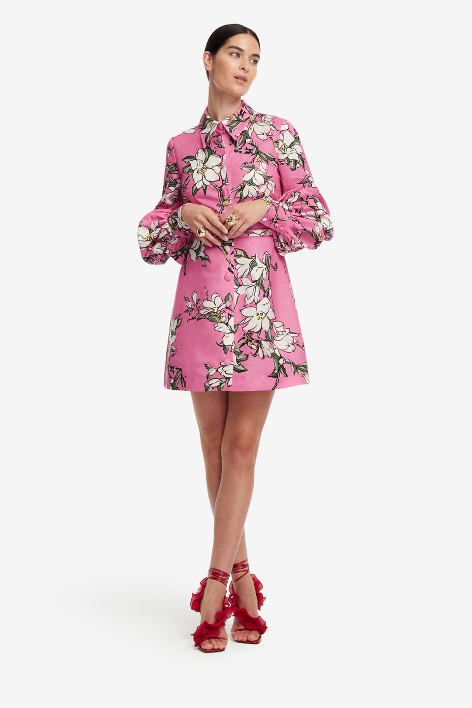 Exclusive LEO LIN Luminous Linen Mini Dress - Pink Magnolia Print