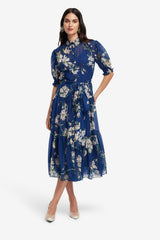 Ellie Bishop Sleeve Midi Dress - Midnight Magnolia Print Dress Midi