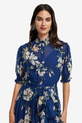 Ellie Bishop Sleeve Midi Dress - Midnight Magnolia Print Dress Midi