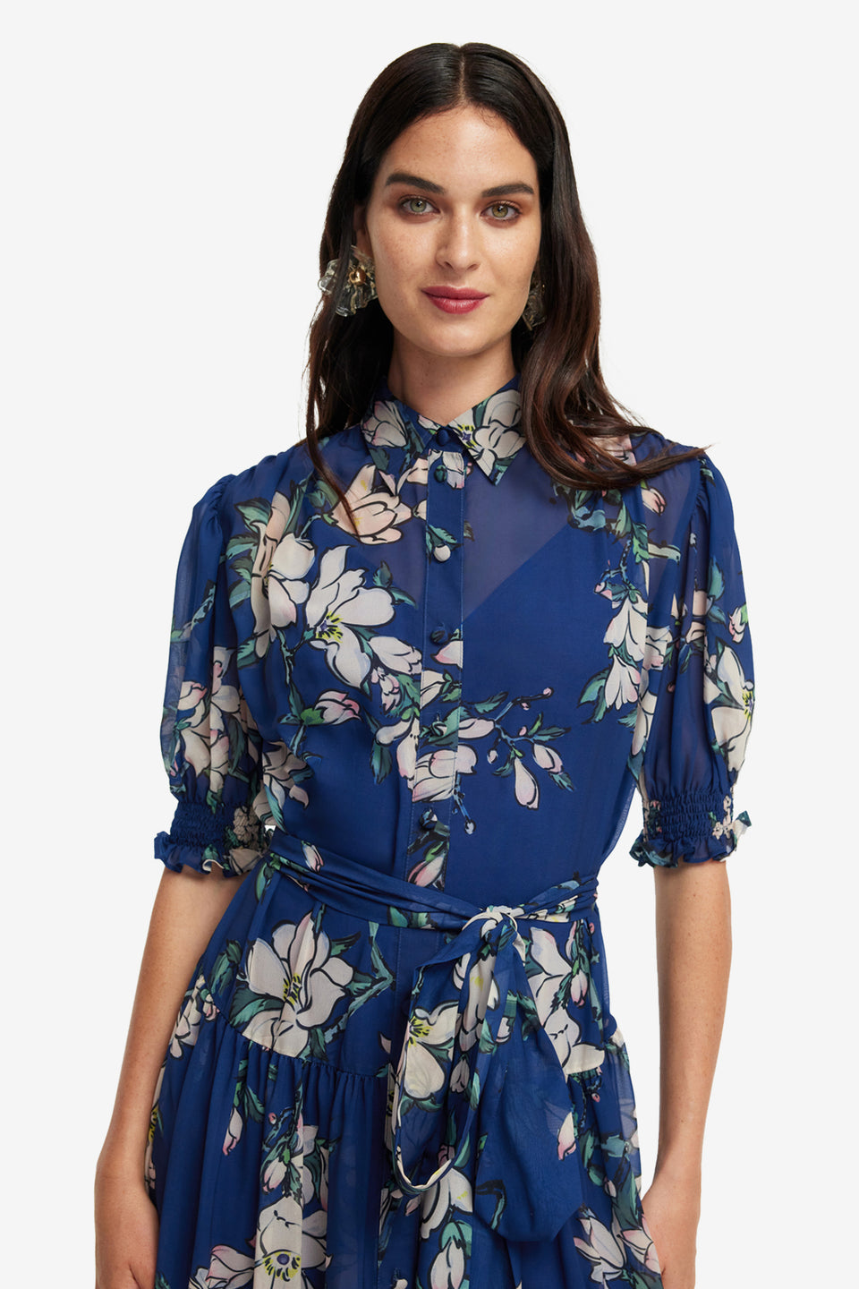 Exclusive LEO LIN Ellie Bishop Sleeve Midi Dress - Midnight Magnolia Print