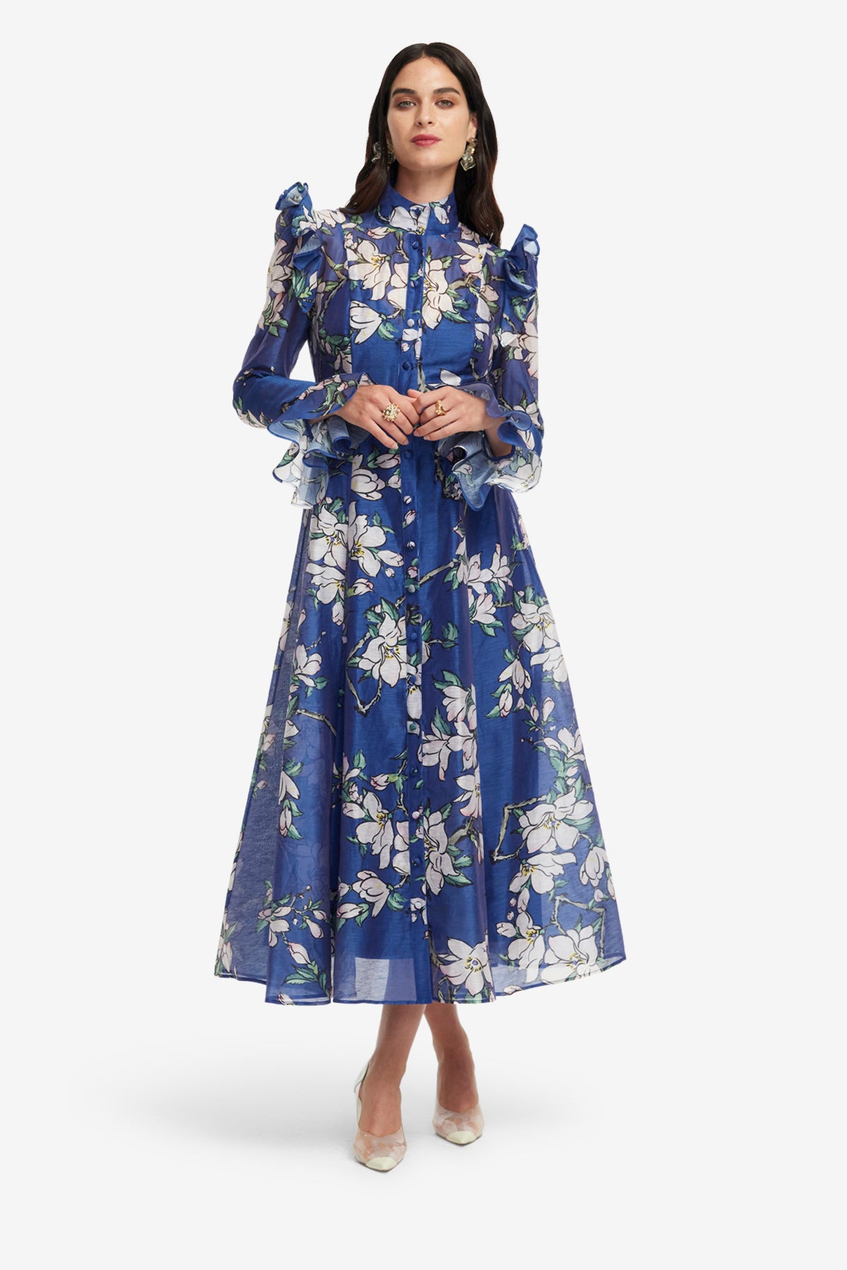 Katrina Butterfly Sleeve Midi Dress - Midnight Magnolia Print